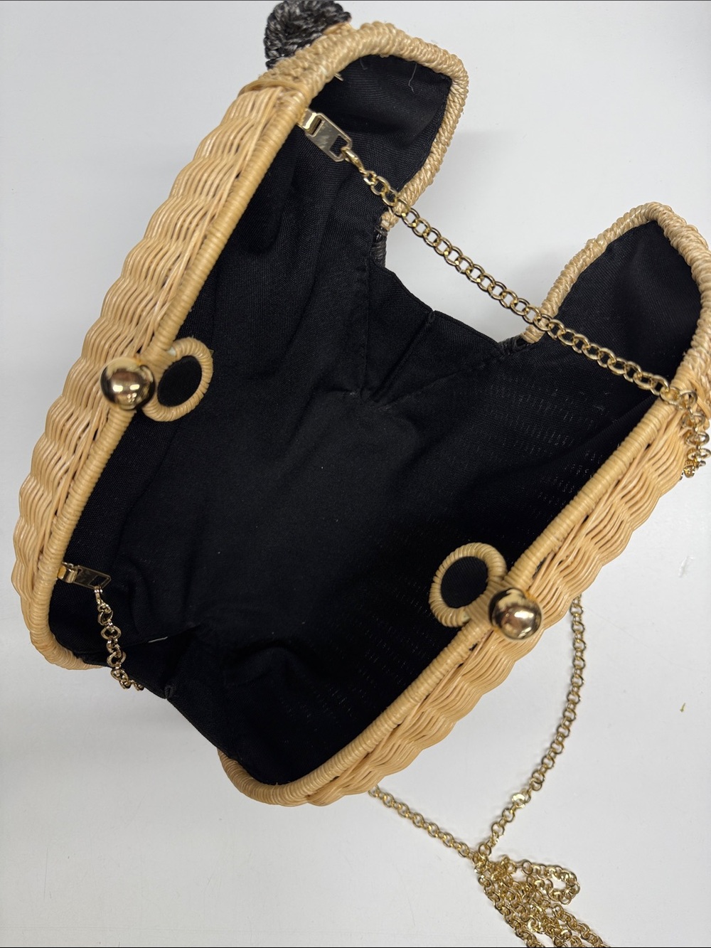 Serpui Wicker Panda Animal Bag Shoulder Purse Chain Strap or Clutch Tan Black - Picture 9 of 11